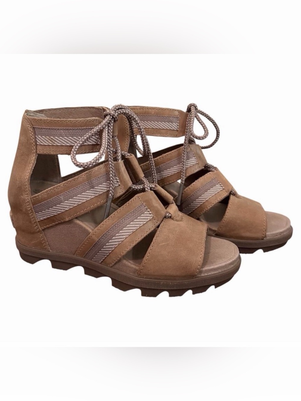 SOREL Joanie II Lace Up Wedge Sandals Ash Brown Leather Womens 7.5 Boho Resort